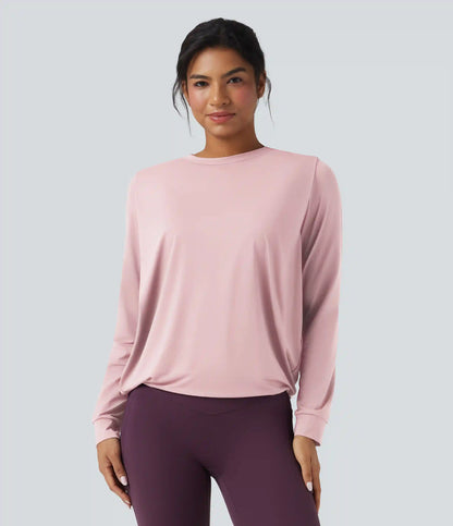 Round Neck Long Sleeve Ruched Yoga Sports Top-UPF50+