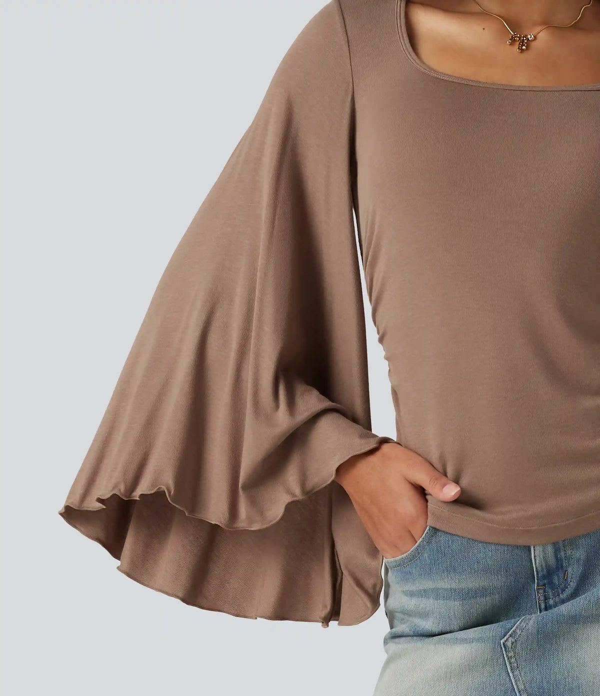 Ribbed Square Neck Flounce 7/8 Sleeve Ruched Casual T-Shirt