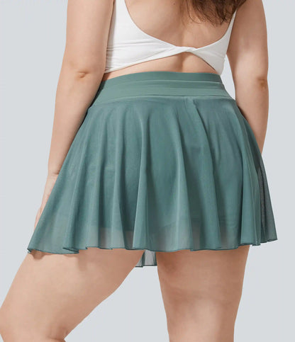 High Waisted Drawstring Contrast Mesh 2-in-1 Pocket Flowy Mini Flare Casual Plus Size Skirt