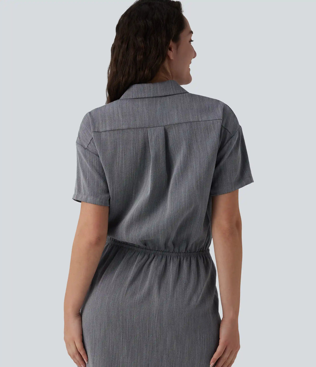 Short Sleeve 2-Piece Midi Work Linen-Feel Shirt Dress