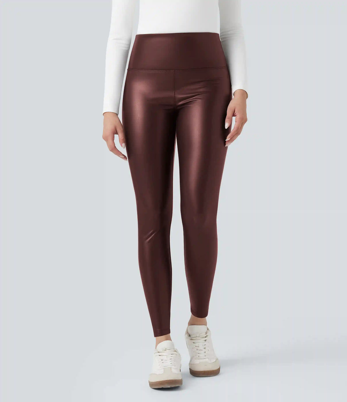 High Waisted Tummy Control Stretchy PU Fleece 7/8 Skinny Casual Leggings with Pockets