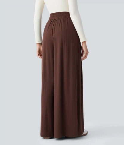 Ribbed Knit High Waisted Pleated Pocket Flowy Wide Leg Casual Pants