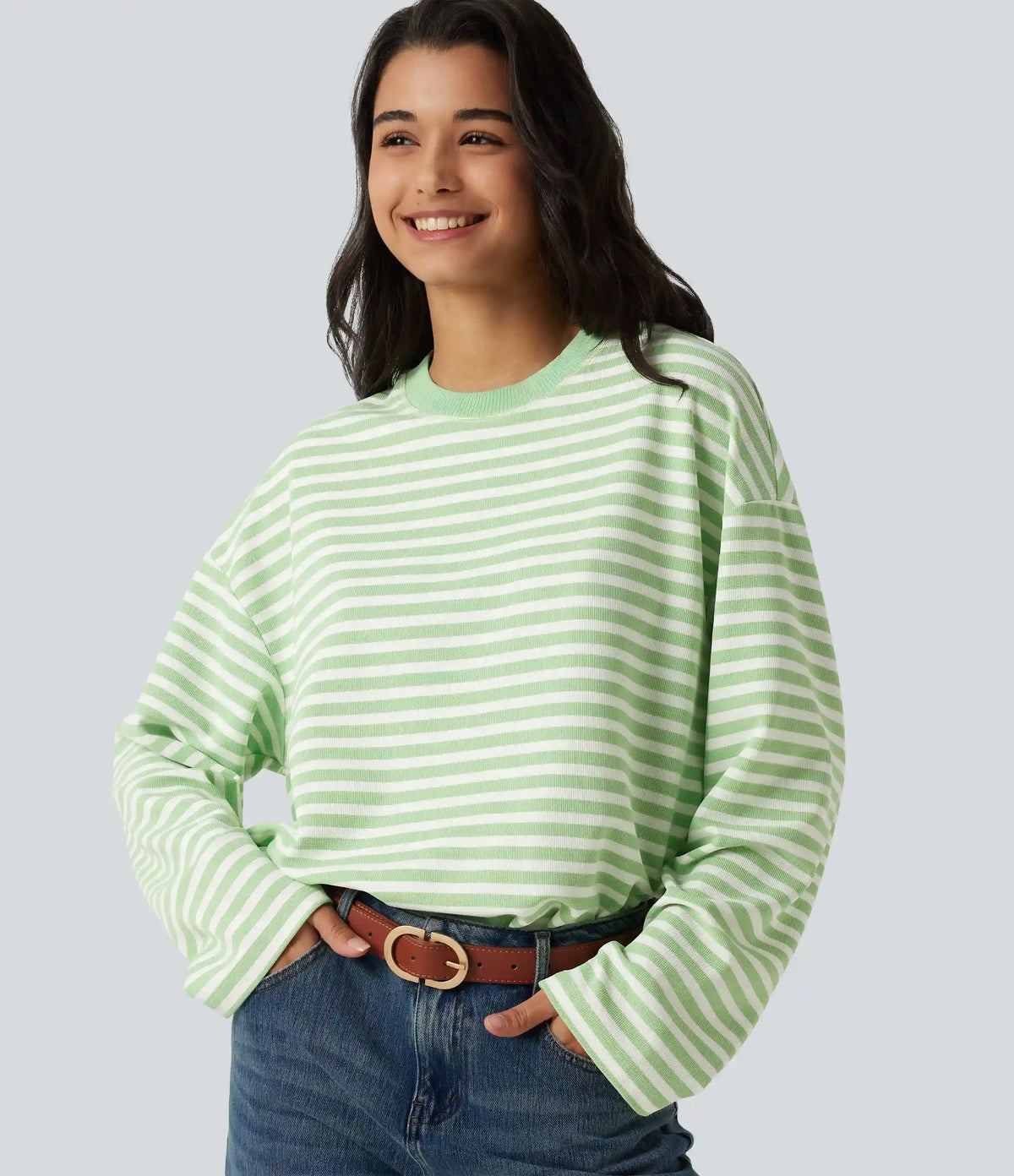 Round Neck Long Sleeve Stripe Waffle Casual Top
