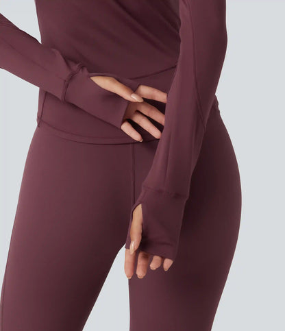 Round Neck Long Sleeve Contrast Mesh Thumb Hole Curved Hem Quick Dry Yoga Sweatshirt