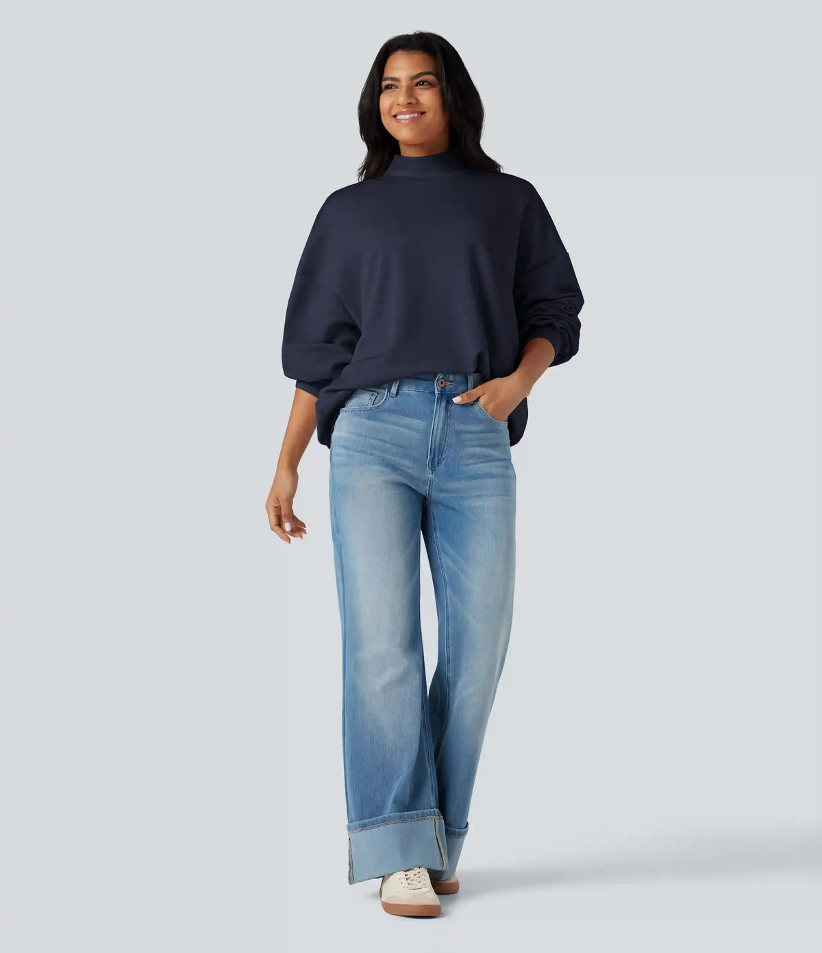 Mock-neck Relaxed Casual Sweatshirt with Pockets