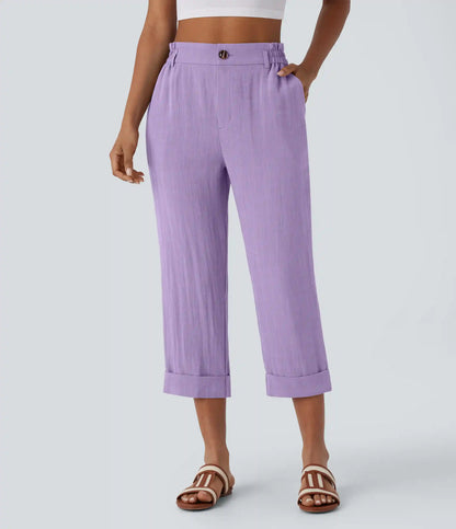 High Waisted Zipper Pocket Cropped Linen-Feel Pants