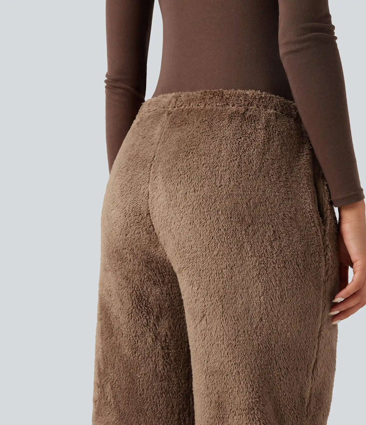 Mid Rise Drawstring Teddy Straight Leg Casual Pants with Pockets