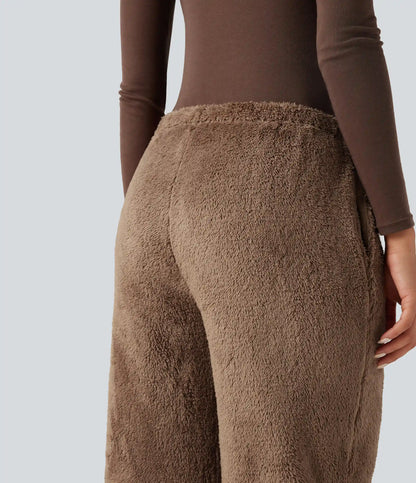Mid Rise Drawstring Teddy Straight Leg Casual Pants with Pockets