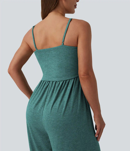 Adjustable Straps Ruched Wide Leg Heathered Casual Jumpsuit with Pockets-Easy Peezy