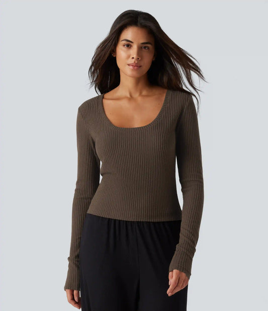 Ribbed Knit U Neck Long Sleeve Lounging Top