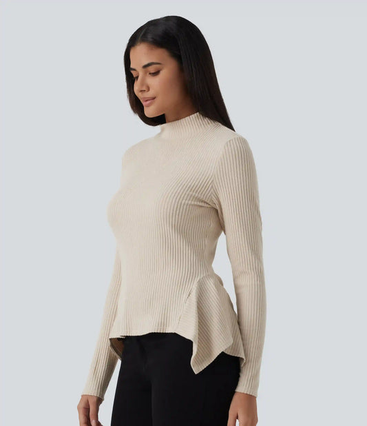 Ribbed Knit High Neck Long Sleeve Uneven Hem Slim Casual Top