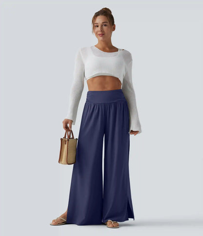 Breezeful™ High Waisted Ruched Split Quick Dry Resort Flowy Pants with Pockets