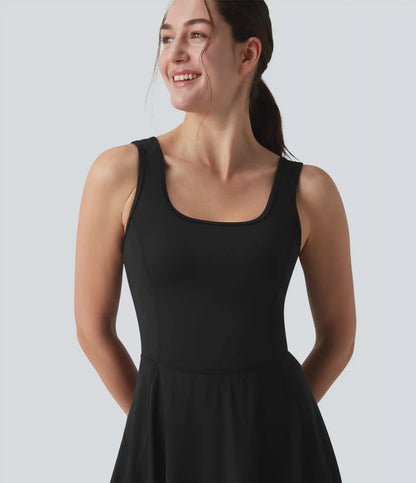 Breezeful™ Square Neck Crisscross Backless Built-in Bra 2-in-1 Midi Quick Dry Dance Active Dress with Pocket-Easy Peezy