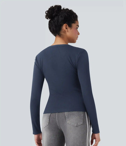 Ribbed Knit Round Neck Long Sleeve Casual Top