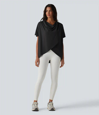 Hooded Cowl Neck Short Sleeve Yoga Sports Top with Pockets