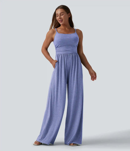 Adjustable Straps Ruched Wide Leg Heathered Casual Jumpsuit with Pockets-Easy Peezy