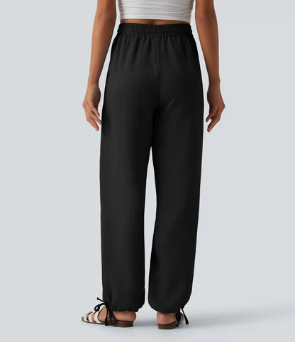 High Waisted Drawstring Wide Leg Casual Linen-Feel Joggers with Pockets