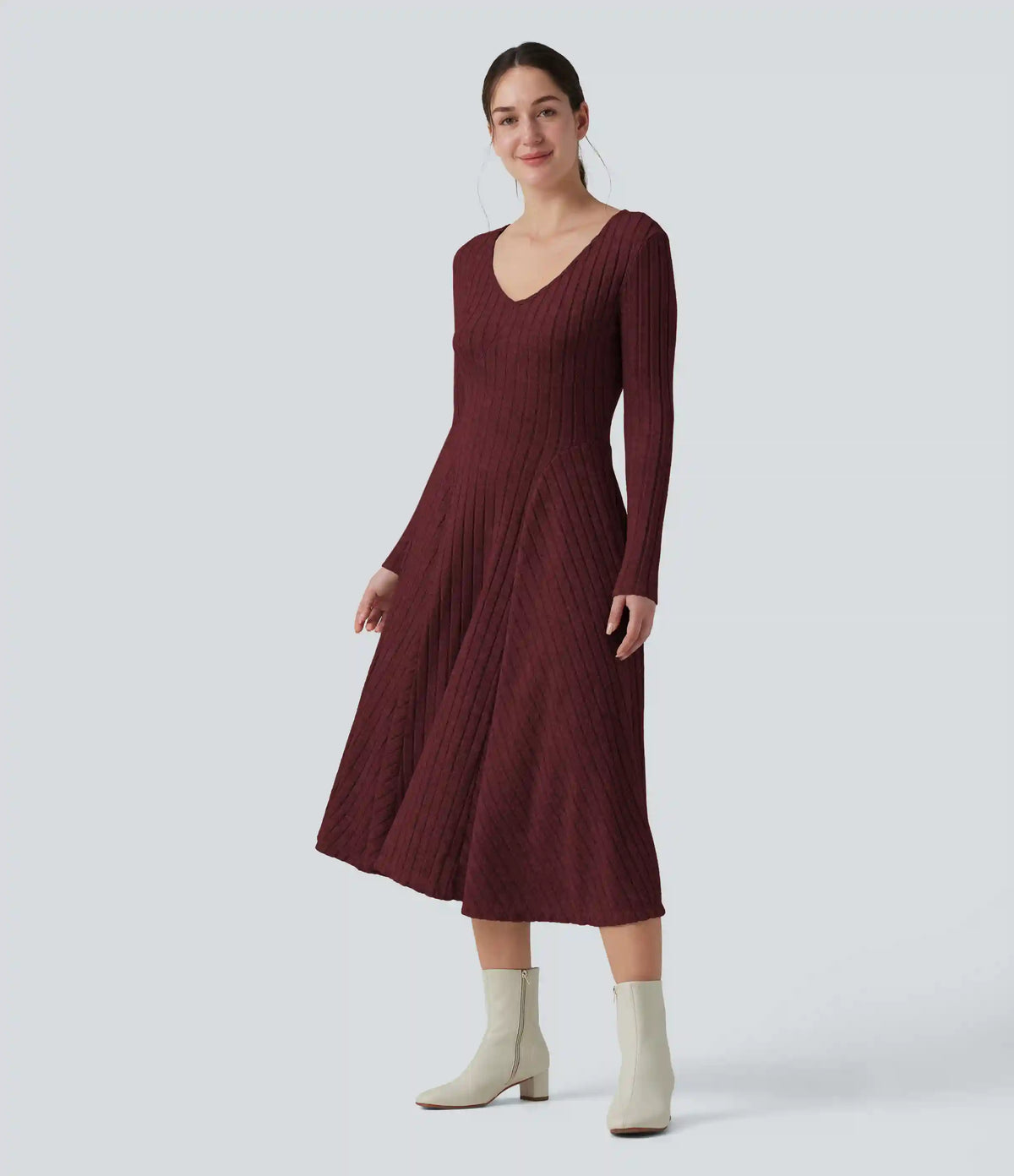 Ribbed Knit V Neck Long Sleeve Flare Midi Casual Dress with Pockets