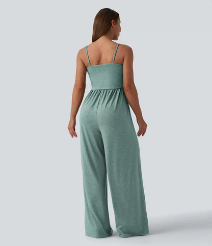 Adjustable Straps Ruched Wide Leg Heathered Casual Jumpsuit with Pockets-Easy Peezy
