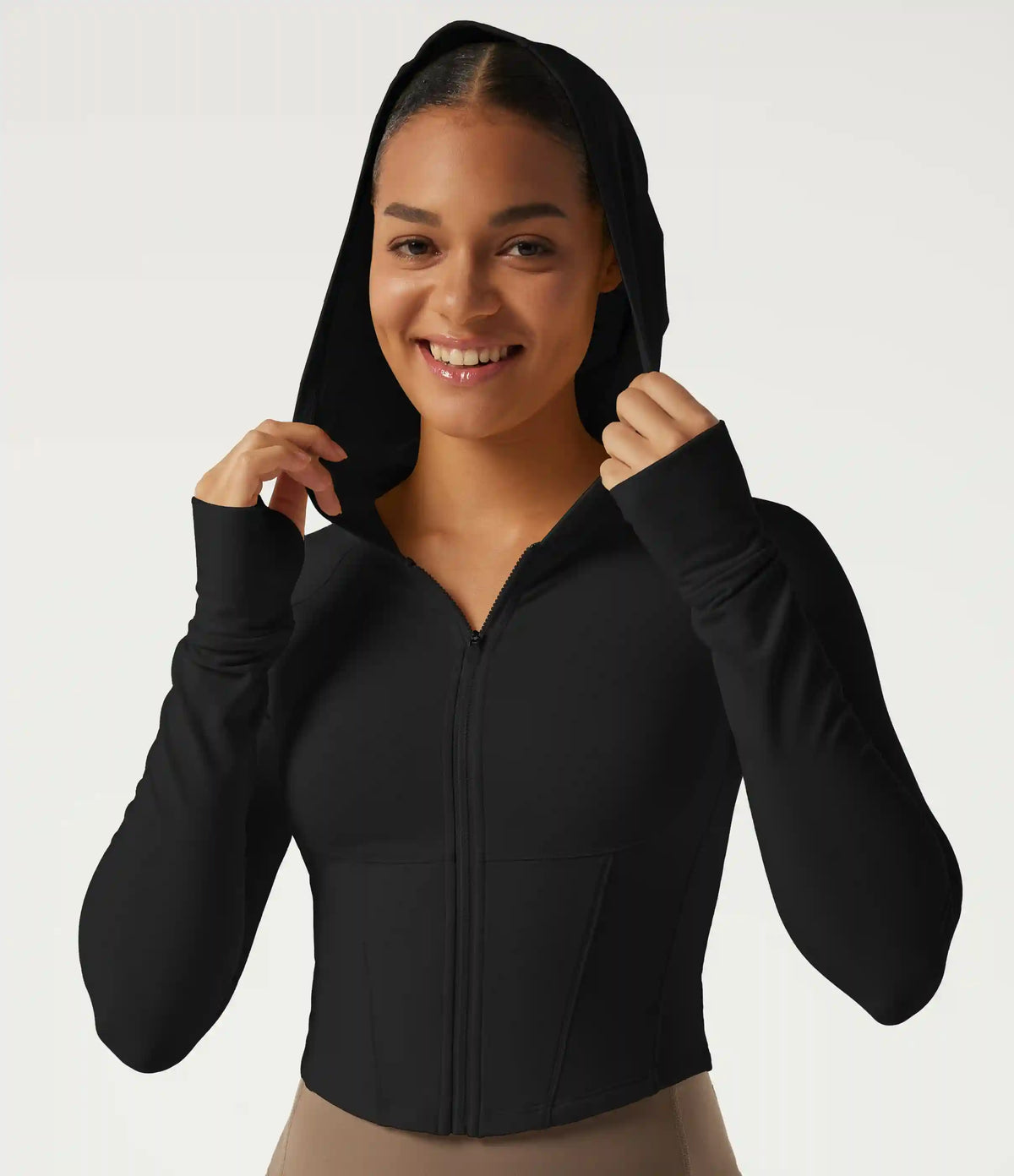Hooded Long Sleeve Workout Jacket with Thumb Hole