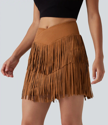 Crossover High Waisted 2-in-1 Fringe Hem Bodycon Mini Suede Party Skirt-Longer Length