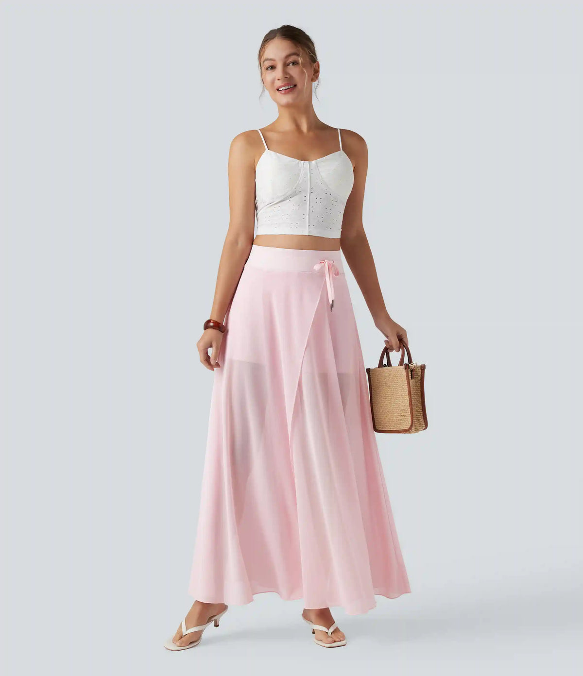 High Waisted Drawstring Contrast Mesh 2-in-1 Pocket Flowy Maxi Flare Casual Skirt