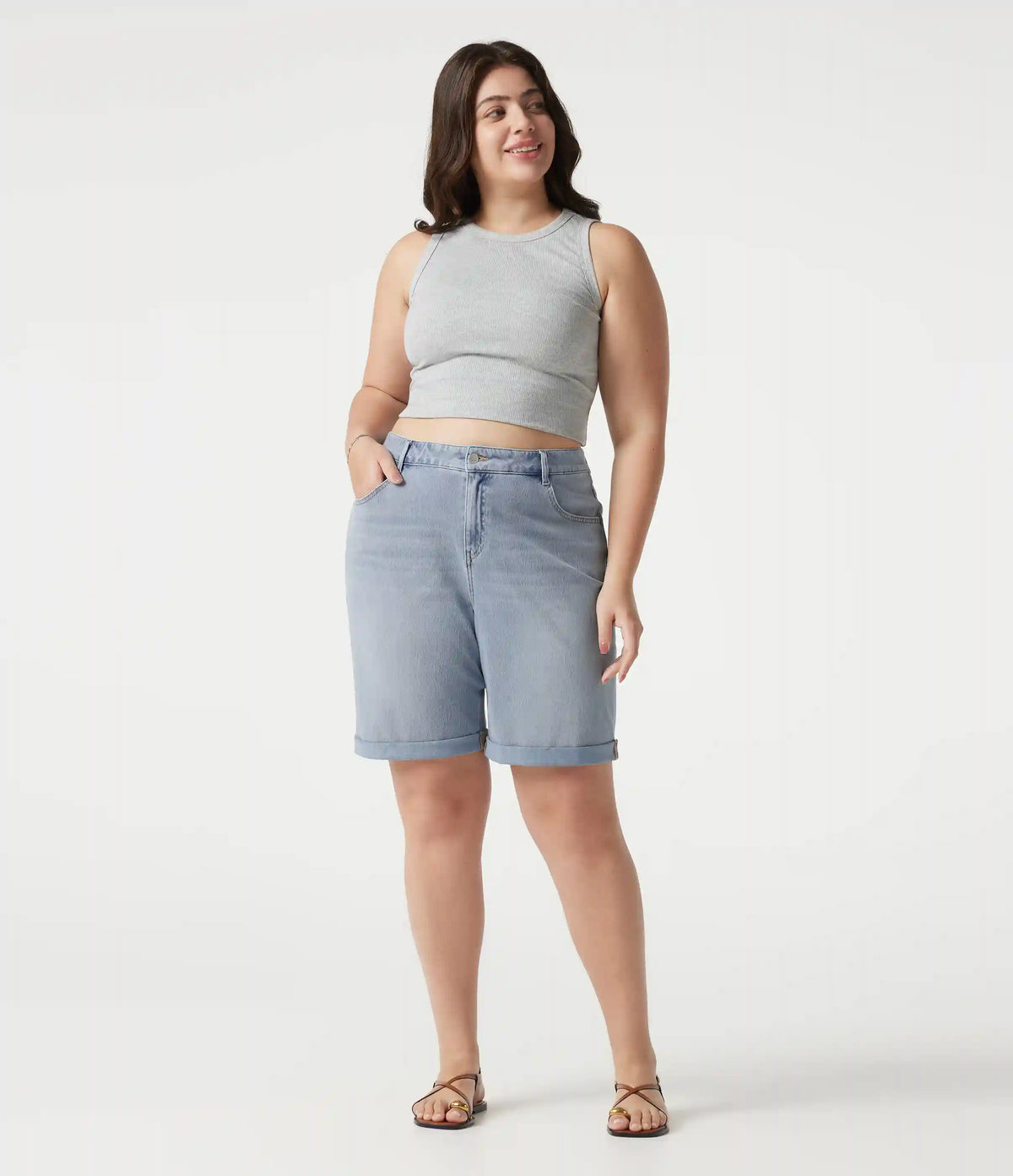 Halara Flex™ High Waisted Multiple Pockets Rolled Hem Washed Stretchy Knit Denim Casual Plus Size Bermuda Shorts