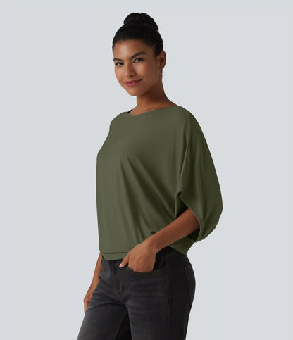 Round Neck Batwing Sleeve Relaxed Casual Top