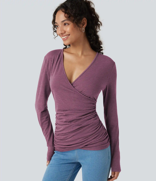 V Neck Long Sleeve Ruched Casual Top