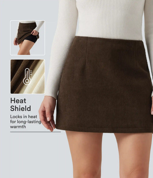 High Waisted A-Line Corduroy Fleece Casual Mini Skirt with Built-in Shorts