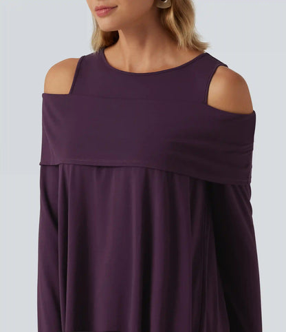 Round Neck Cold Shoulder Relaxed Long Sleeve Casual Top
