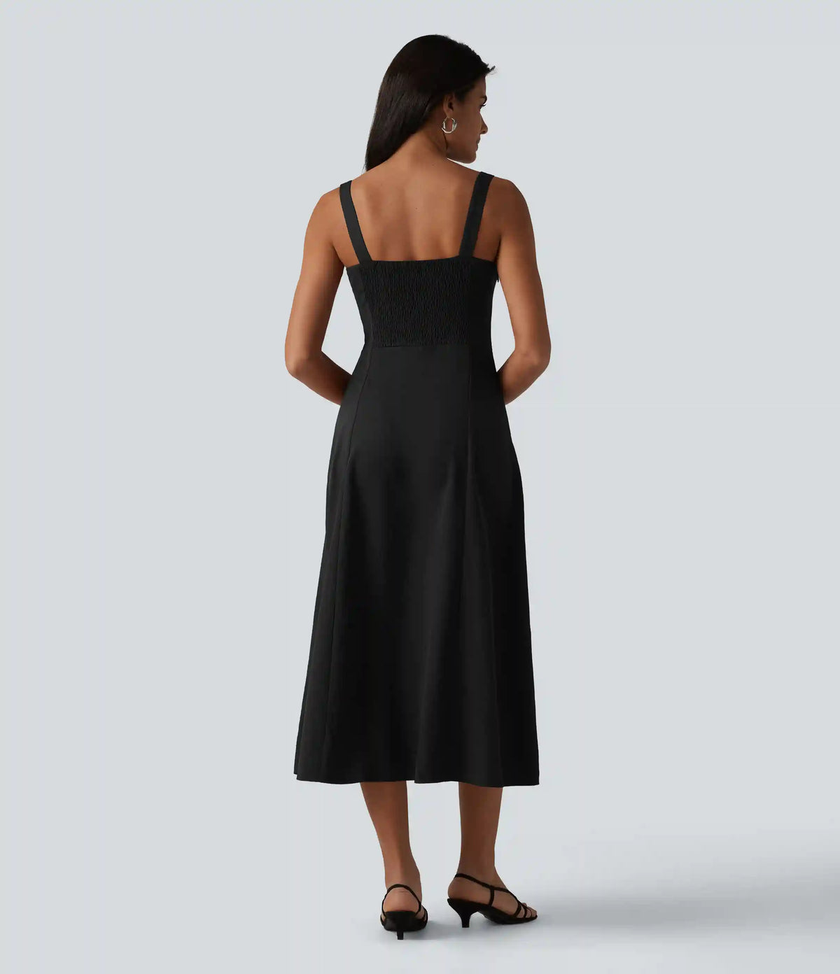 Square Neck Notched Shirred Midi Flowy Bridesmaid And Wedding Guest Dress