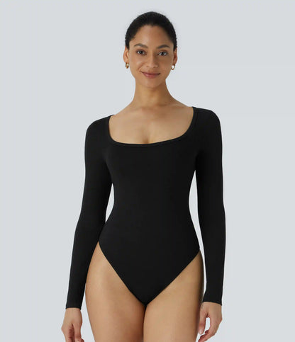 U Neck Long Sleeve Snap Skinny Work Bodysuit