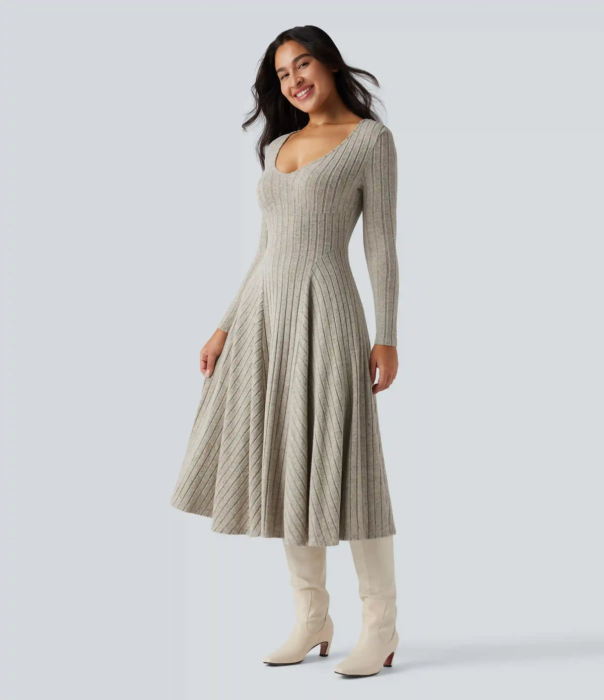 Ribbed Knit V Neck Long Sleeve Flare Midi Casual Dress with Pockets