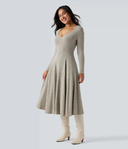 Ribbed Knit V Neck Long Sleeve Flare Midi Casual Dress with Pockets
