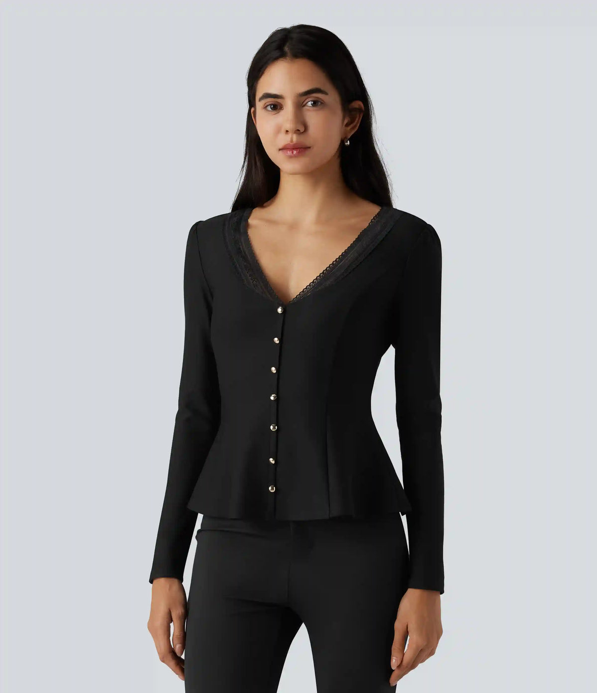 V Neck Contrast Lace Long Sleeve Ruffle Hem Work Blouse
