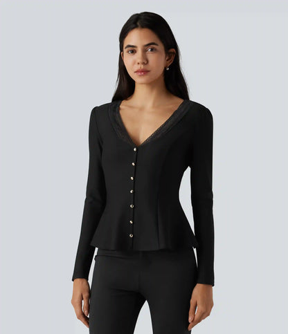 V Neck Contrast Lace Long Sleeve Ruffle Hem Work Blouse