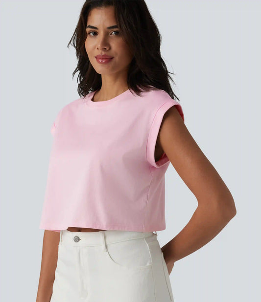 Round Neck Cap Sleeve Cropped Casual Cotton T-Shirt