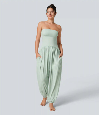 Ribbed Tube Backless Side Pocket Casual Jumpsuit