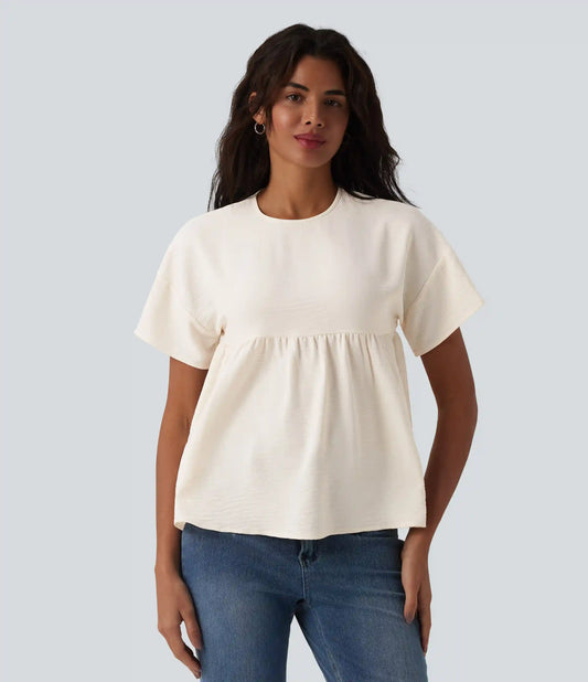 Round Neck Short Sleeve Ruffle Hem Casual Linen-Feel T-Shirt