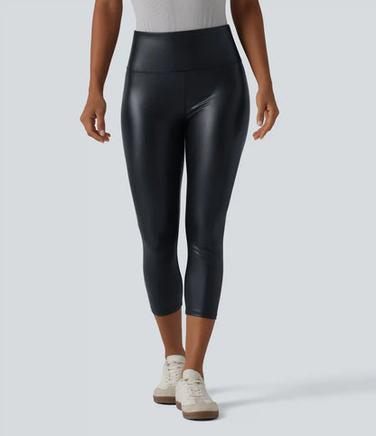 High Waisted Tummy Control Stretchy PU Casual Capri Leggings with Pockets