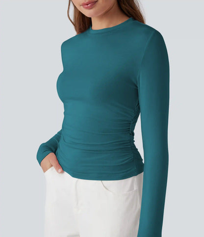 Round Neck Long Sleeve Ruched Casual Top