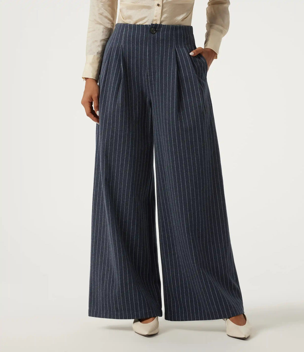 High Waisted Wide Leg Stripe Fleece Work Pants with Pockets