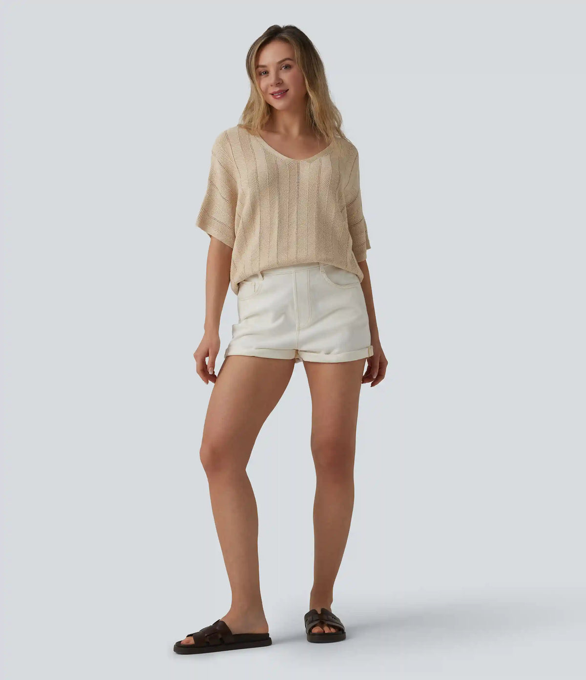 V Neck Short Sleeve Casual Sweater