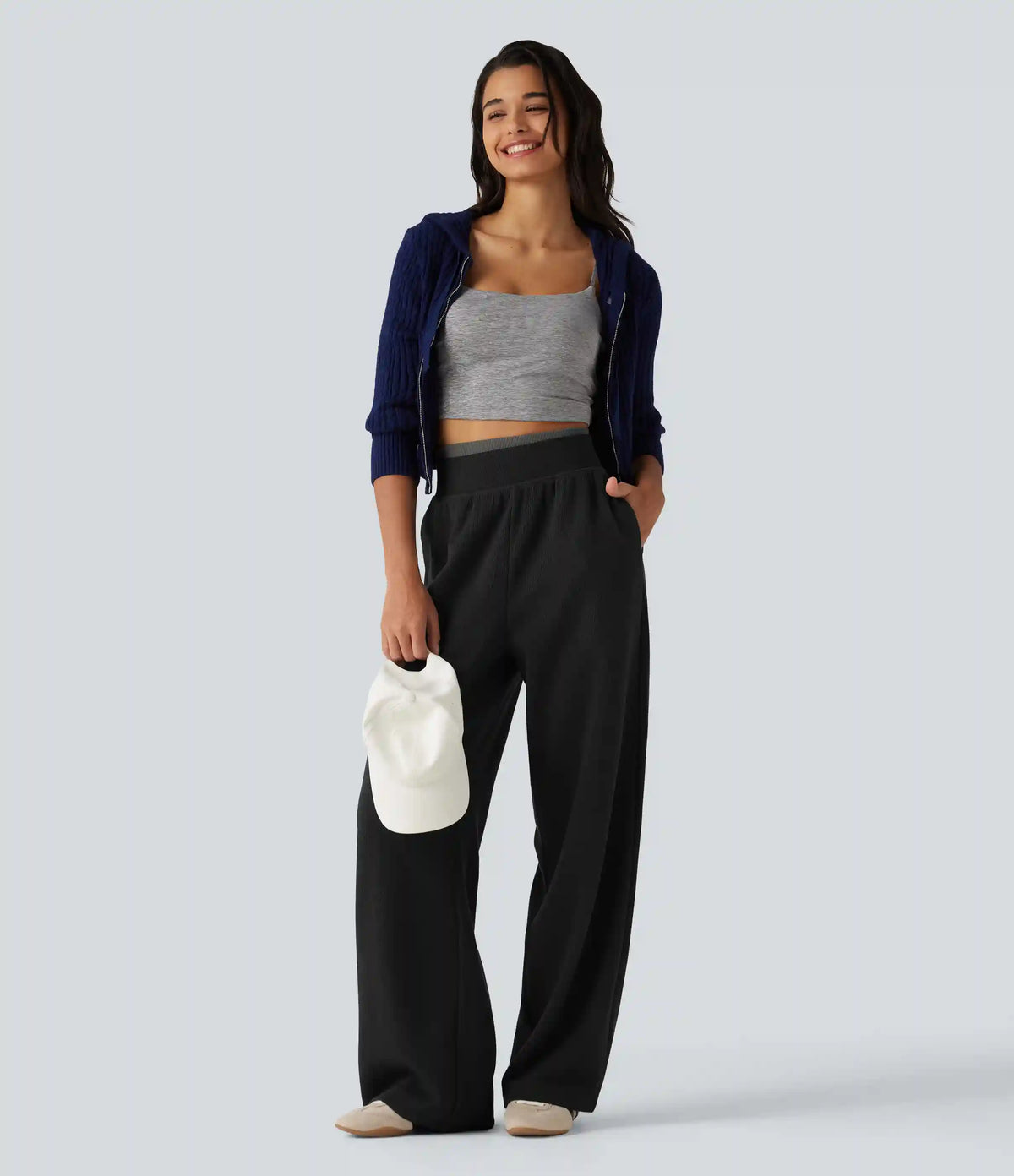 High Waisted Straight Leg Waffle Casual SweatPants with Pockets