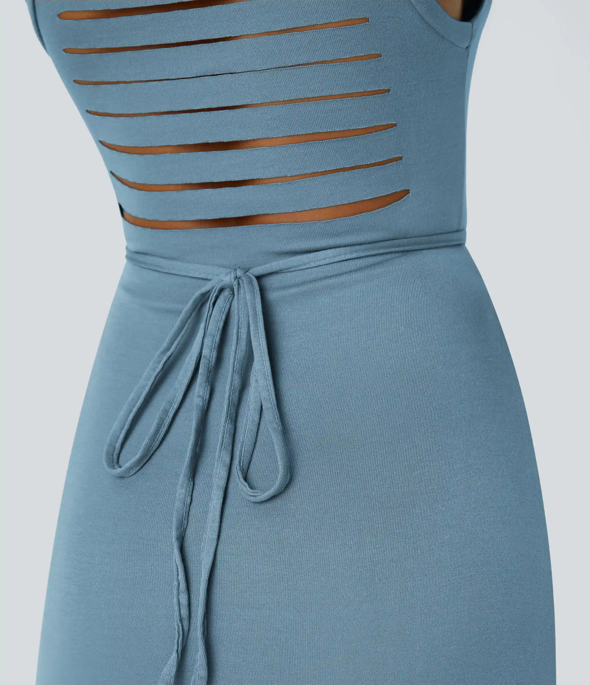 Ribbed Hooded High Neck Sleeveless Cut Out Tie Back 2-Piece Midi Casual Dress