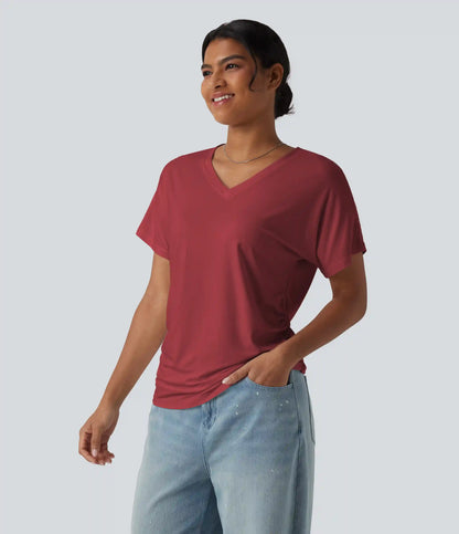 V-neck Short Sleeve Ruched Plain Casual T-Shirt