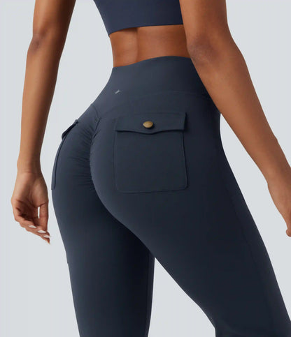 DayStretch High Waisted Tummy Control Ruched Workout Flare Pants with Pockets