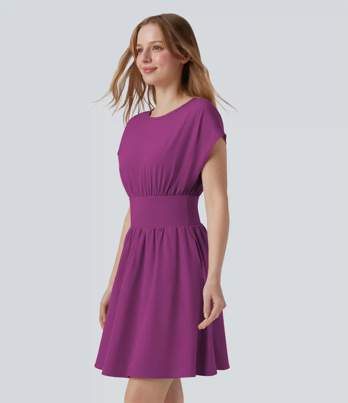 Breezeful™ Batwing Short Sleeve Flowy Quick Dry Mini Work Dress with Pockets