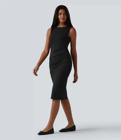 Boat Neck Sleeveless Pencil Midi Work Dress